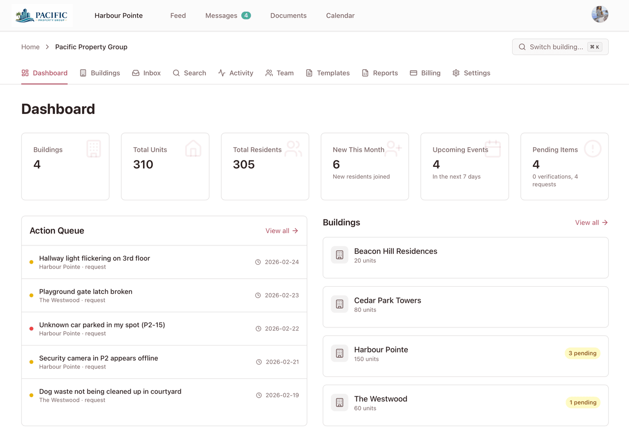 Pastrata portfolio dashboard showing buildings, pending actions, and the unified inbox