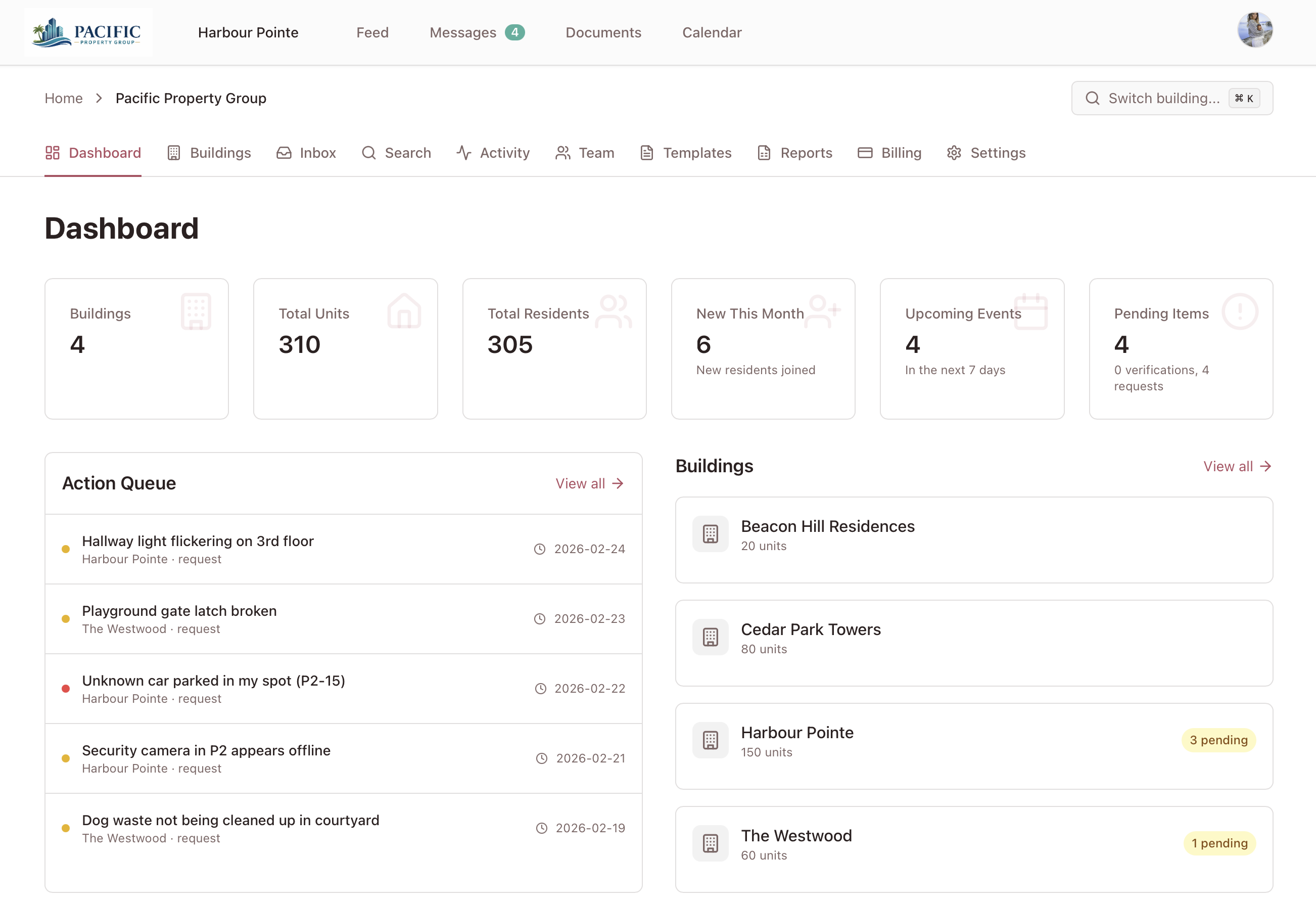 Pastrata portfolio dashboard showing buildings, pending actions, and the unified inbox